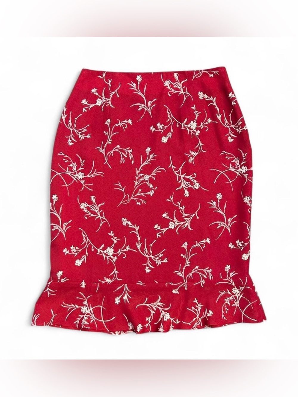 Y2K Red Floral Ruffle Hem Pencil Skirt Dead stock with tags